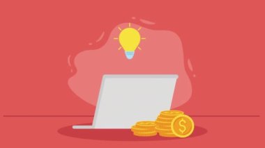 para dolarları dizüstü bilgisayar ve ampul animasyonu, 4k video animasyonu