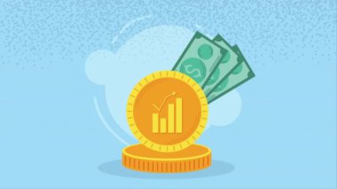 Para dolarları madeni paralar ve faturalar animasyon, 4k video animasyonu