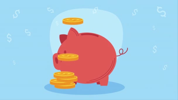 Dinero Ahorro Cerdo Con Animación Monedas Video Animado — Vídeos de Stock
