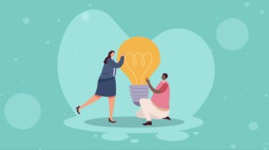 Ampul animasyonu olan ırklar arası iş çifti, 4k video animasyonu