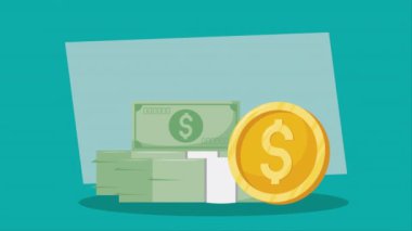 Faturalar ve madeni paralar dolar animasyon, 4k video animasyonu