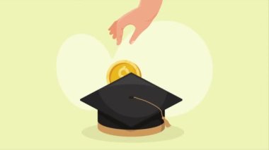 Bozuk para animasyonlu mezuniyet şapkası, 4k video animasyonu