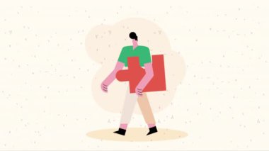 young man with puzzle animation ,4k video animated