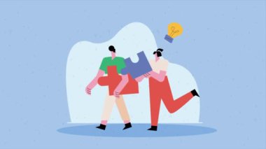 Yapboz animasyonlu iş insanları çifti, 4k video animasyonu