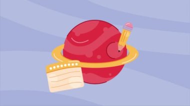 Okul malzemeleri animasyonlu satürn gezegen, 4k video animasyonu