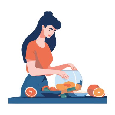 Gülümseyen kadın izole yemek ikonu hazırlıyor.