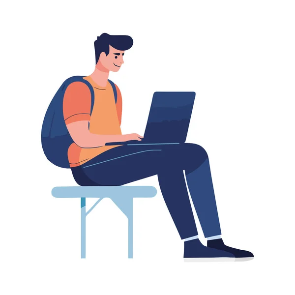 Hombre Joven Sentado Usando Icono Del Ordenador Portátil Aislado — Vector de stock