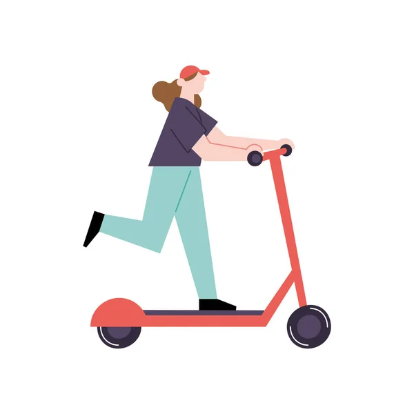 Femme Équitation Scooters Moteur Vecteur Transport Plaisir Isolé — Image vectorielle