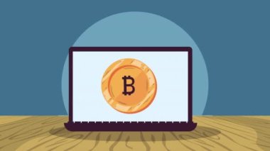 Dizüstü bilgisayardaki bitcoin ekommerce animasyonu, 4k video animasyonu