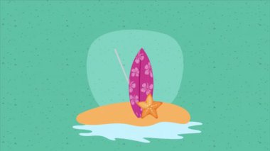 Deniz yıldızı sahnesi animasyonu olan sörf tahtası, 4k video animasyonu