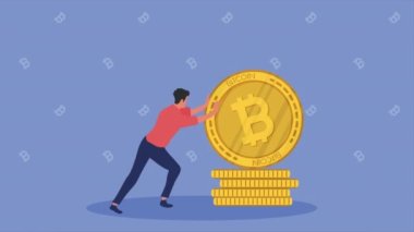 Bitcoins 'li adam kripto para birimi animasyon 4k video animasyonu