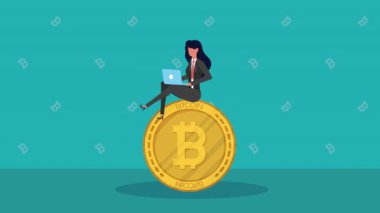 Bitcoin kripto para birimi animasyon 4k video animasyonlu işgüzar kadın