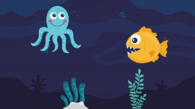 Deniz altı yüzen mavi ahtapot animasyon 4k video animasyonu