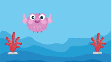 Leylak balon balığı yüzen deniz canlıları animasyon 4K video animasyonu
