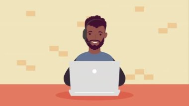 Afro adam dizüstü bilgisayar karakteri animasyonu 4k video animasyonu kullanıyor.