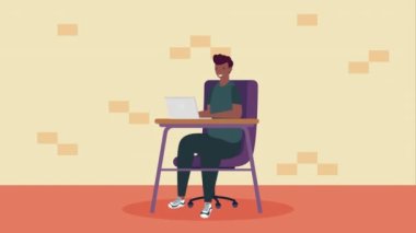 Genç adam dizüstü bilgisayar karakteri animasyonu 4k video animasyonu kullanıyor