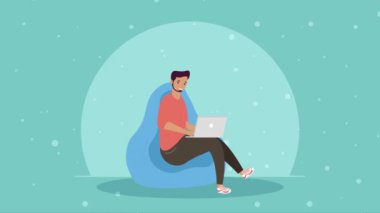 Genç adam dizüstü bilgisayar karakteri animasyonu 4k video animasyonu kullanıyor