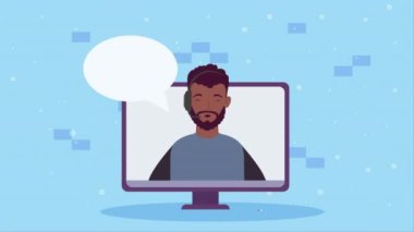 Masaüstü bilgisayar animasyonundaki afro adam 4k video animasyonu