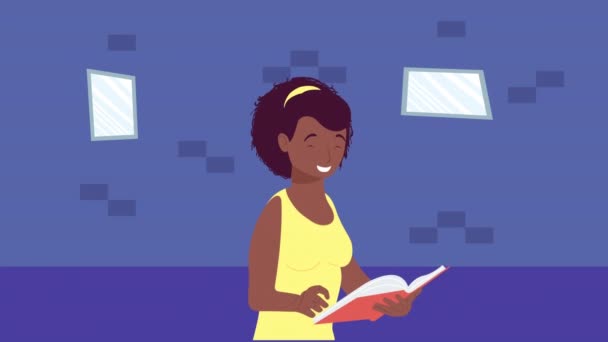 Afro Kvinna Läser Lärobok Animation Video Animerad — Stockvideo