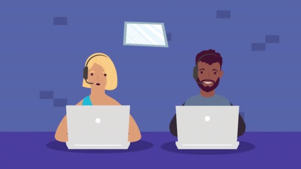 Jovem Casal Usando Personagens Laptop Animação Vídeo Animado — Vídeo de Stock