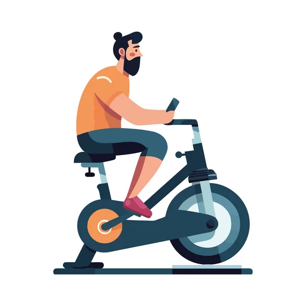 Hombre Montar Bicicleta Estática Disfrutando Estilos Vida Saludables Icono Aislado — Vector de stock