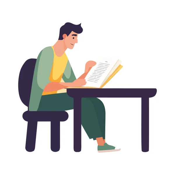 Smiling Man Reading Textbook Table Icon Isolated — Stock Vector