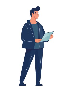 Dijital tablet simgesini elinde tutan başarılı iş adamı