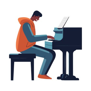 Konsantrasyon ikonu izole edilmiş piyano anahtarı çalan bir müzisyen