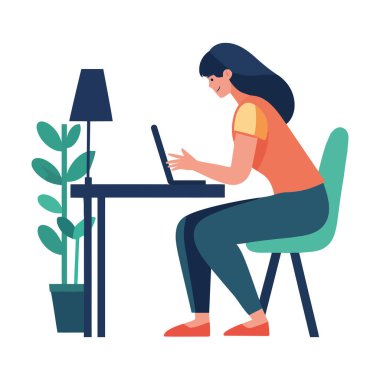 İş kadını masada oturuyor, dizüstü bilgisayar simgesi kullanıyor