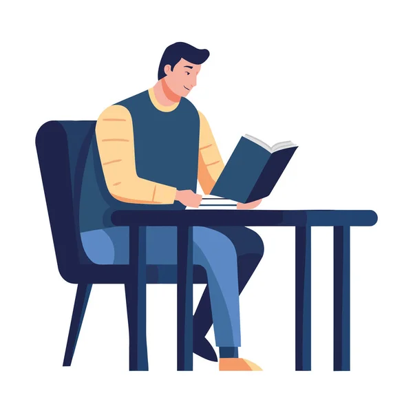Homem Sentado Mesa Leitura Livro Ilustração Ícone Isolado — Vetor de Stock