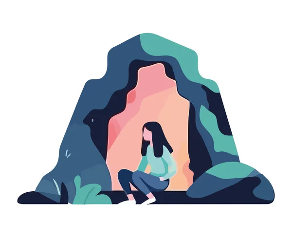 Mağara Simgesinin Girişinde Tek Başına Oturan Kadın — Stok Vektör
