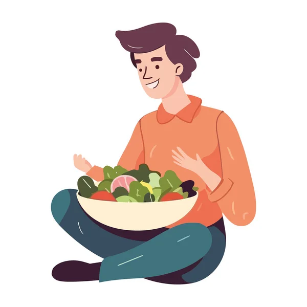 Hombre Sonriente Comiendo Comida Vegetariana Saludable Icono Comida Aislado — Vector de stock