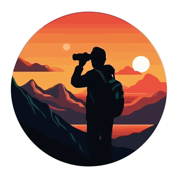 stock vector Silhouette of man watching sunset on mountain peak, design