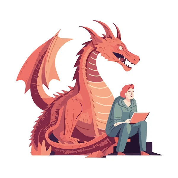 Mascotte Dragon Assis Avec Une Icône Homme Isolé — Image vectorielle