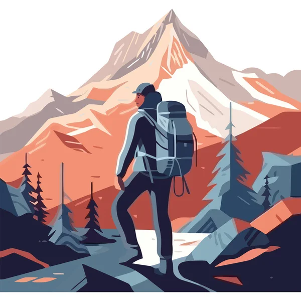 Backpacker Πεζοπορία Κορυφή Του Βουνού Την Εξερεύνηση Της Φύσης Σχεδιασμό — Διανυσματικό Αρχείο