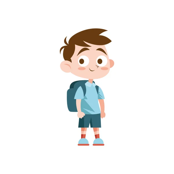 Smiling Schoolboy Walking Backpack Blue White — Stock Vector