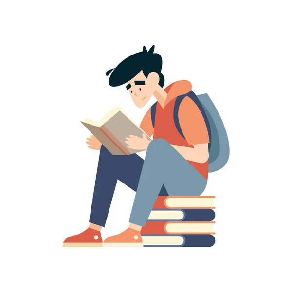 Student Läser Litteratur Bibliotekshörnan Över Vitt — Stock vektor