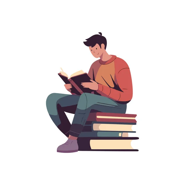 男性座って読書勉強知恵で図書館上の白 — ストックベクタ