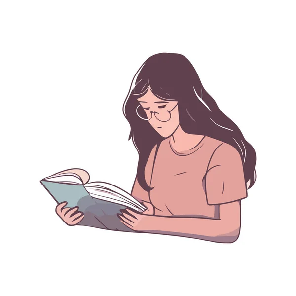 Ung Vuxen Kvinna Läser Lärobok Biblioteket Över Vit — Stock vektor