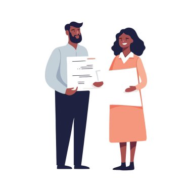 Başarılı iş ekibi belgeleri beyazın üzerinde tutuyor.