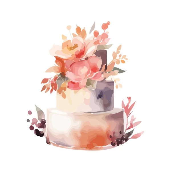 Ρομαντικό Μπουκέτο Από Ροζ Άνθη Ένα Κέικ Πάνω Από Λευκό — Διανυσματικό Αρχείο