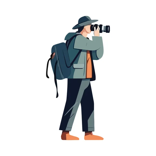 Businessman Backpack Searching Nature Hand Held Telescope Isolated — Stock Vector