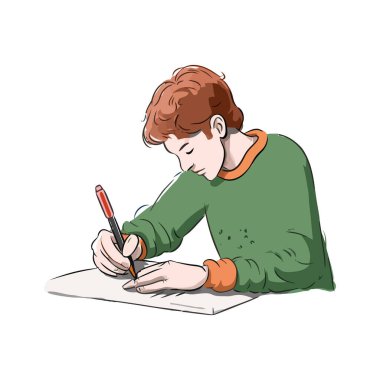 Gülümseyen okul çocuğu yalnız başına oturmuş kalem çizmeye konsantre oluyor.