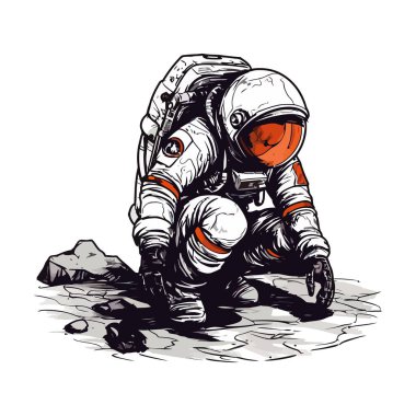 Uzay giysisi içindeki gelecekçi astronot beyazlar üzerinde evreni keşfediyor.