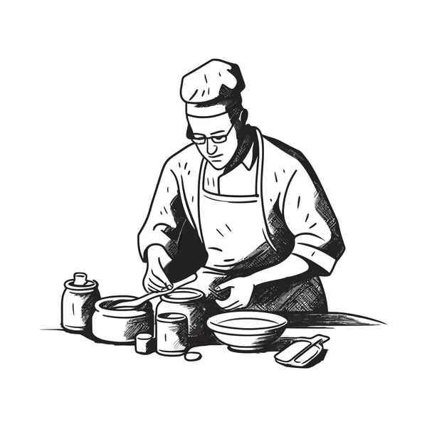 Ένας Σεφ Εργάζεται Μια Εμπορική Κουζίνα Πάνω Από Λευκό — Διανυσματικό Αρχείο