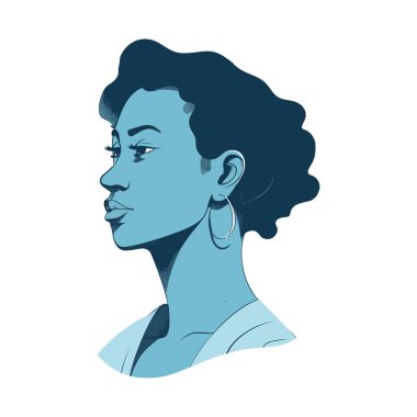 Modaya uygun bir kadının beyaz üzerine gülümseyen mavi silueti.