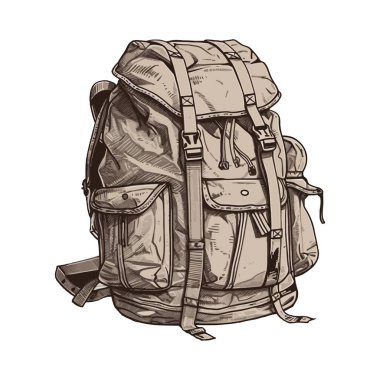 Dağ yürüyüşü için ekipmanlarla dolu bir sırt çantası.