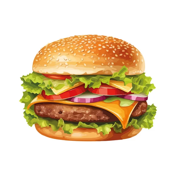 Repas Cheeseburger Gastronomique Avec Légumes Frais Sur Blanc — Image vectorielle