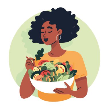 Gülümseyen kadın şef taze salata ikonu ile izole edildi.