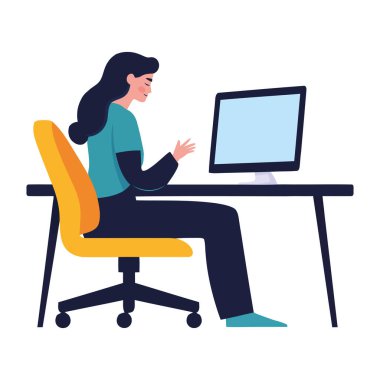 İş kadını bilgisayar simgesi kullanarak masada oturuyor.